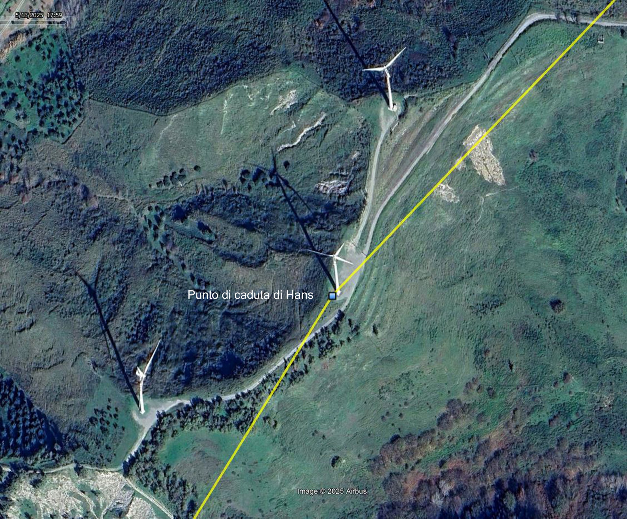 Tracciato degli spostamenti di Hans nel momento in cui è caduto sotto alla pala eolica (06-05-2025, ore 14,10).