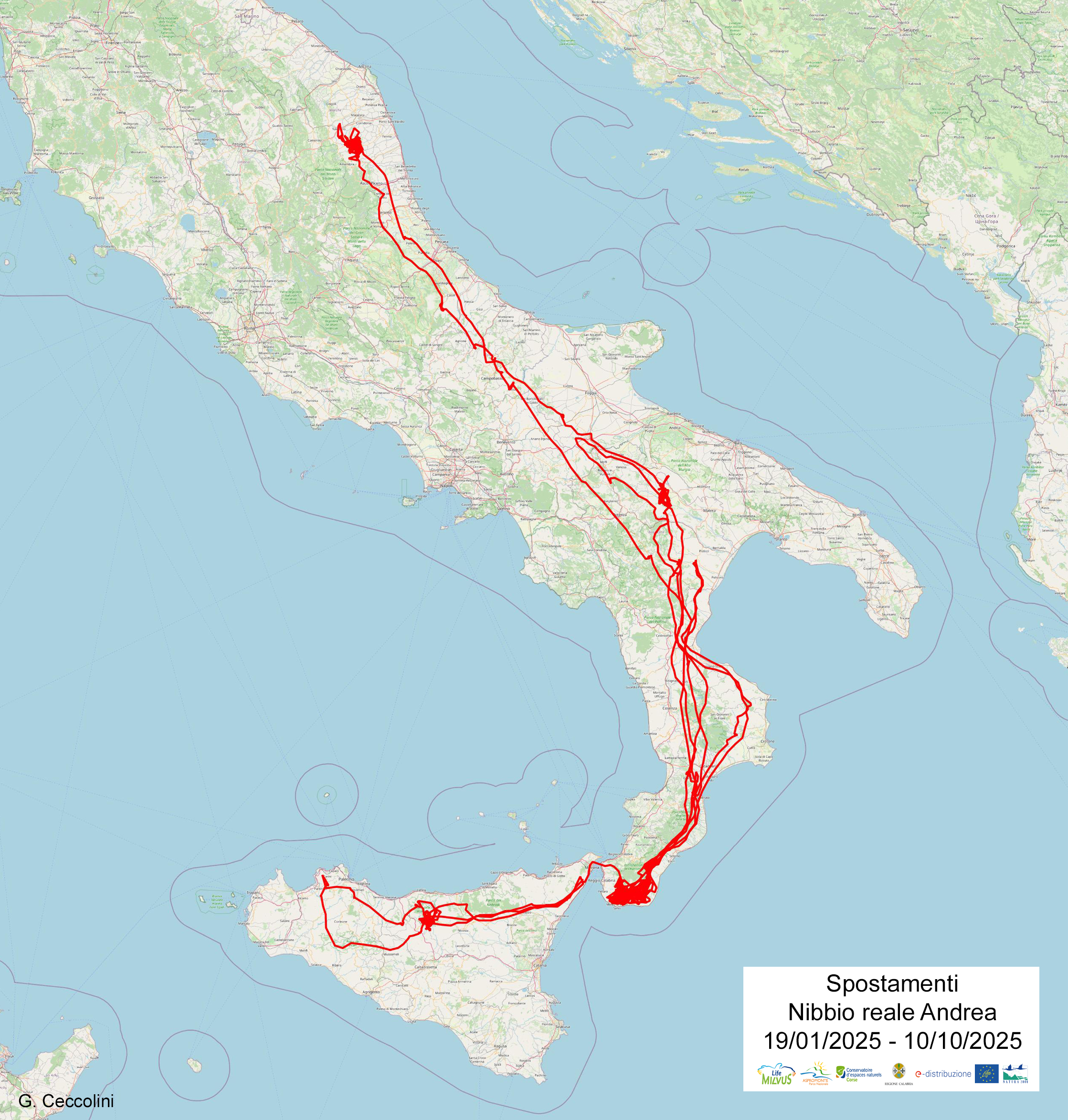 Carte des déplacements d'Andrea du 19/01/2025 au 10/10/2025